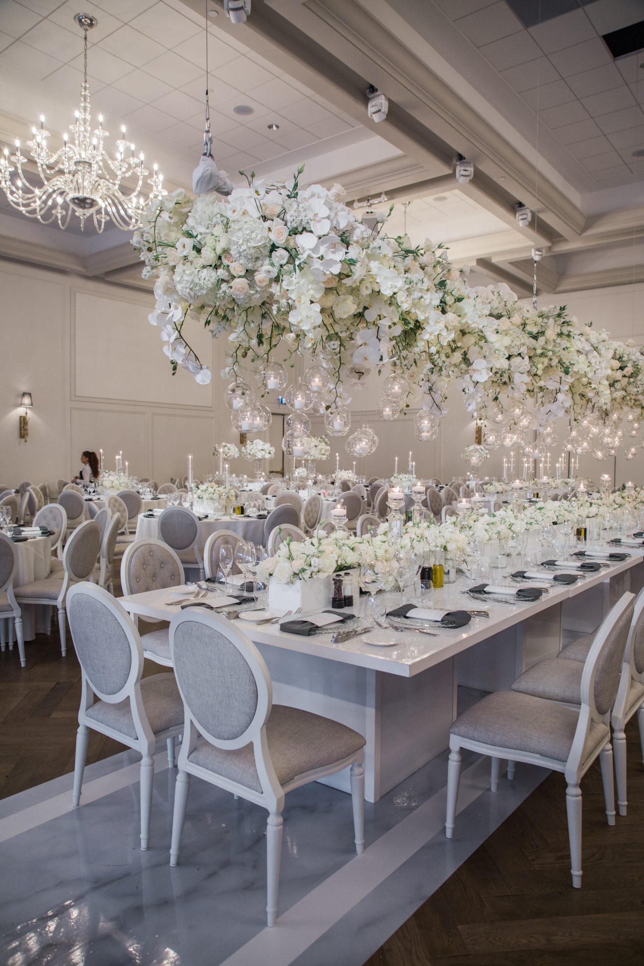 hanging orchids and elegant wedding decor