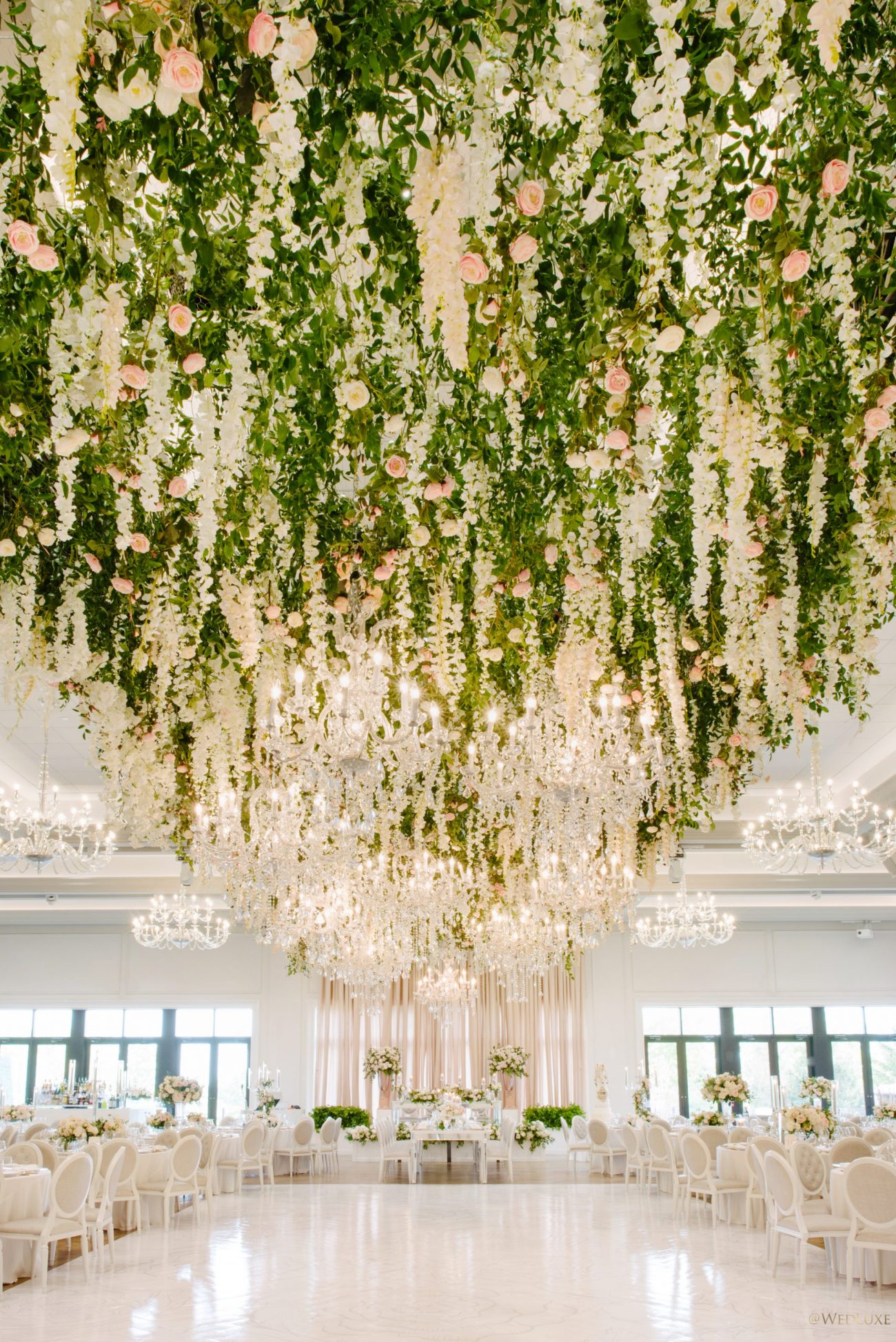 Pink roses, wisteria and vines hanging from the ceiling